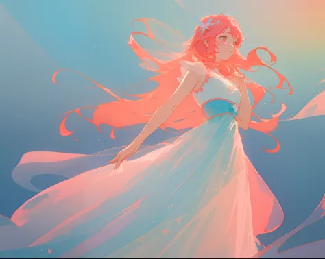 beautiful girl in pale blue and pink flowing ballgown, long flowing red peach hair, fantasia watercolor background, glowing aura...