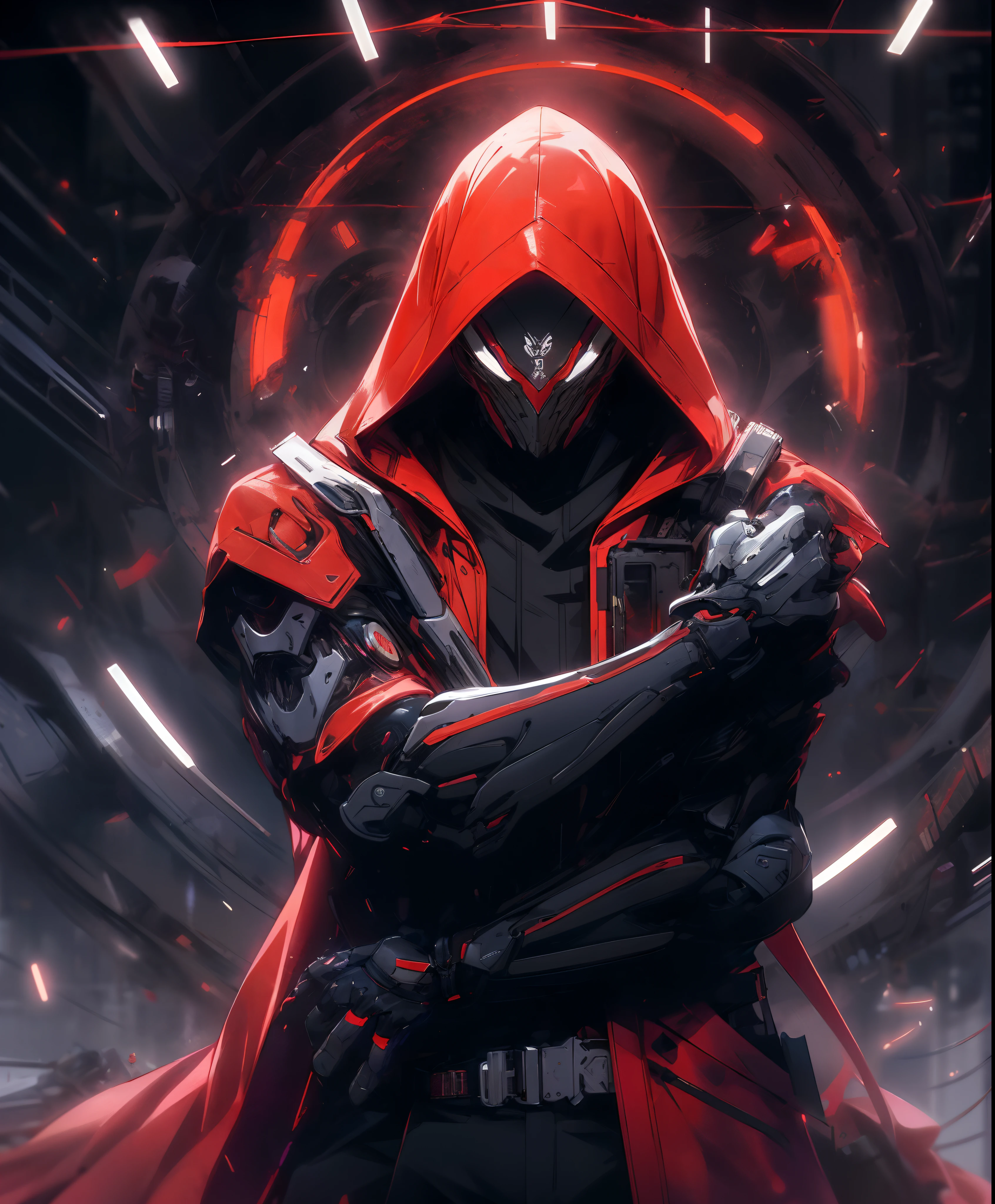a man in a red jacket and black pants standing in a dark room, wearing cultist red robe, crimson attire, character from mortal kombat, as a character in tekken, fighting game character, cyberpunk assassin, red hooded mage, cyberpunk outfits, crimson clothes, the red ninja, wearing leather assassin armor, an edgy teen assassin, cool red jacket, cyberpunk street goon
