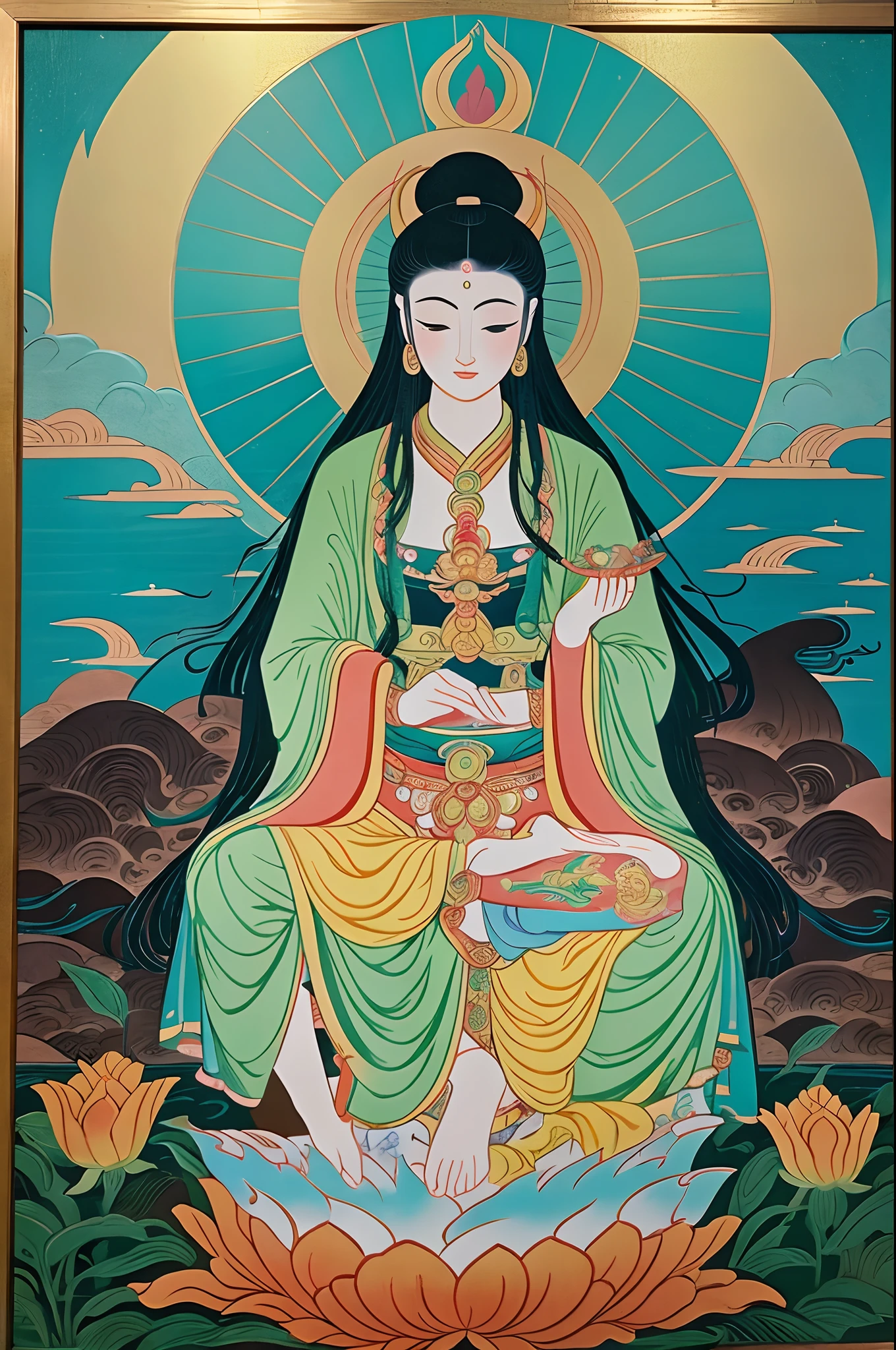 Goddess of ancient Japan, guanyin of the southern seas, guanyin, Inspired by India, Avalokitesvara rides a komaninu，,serene expressions,shui mo hua,Buddha,budista,lotuses,Japan style of painting,Thangka style