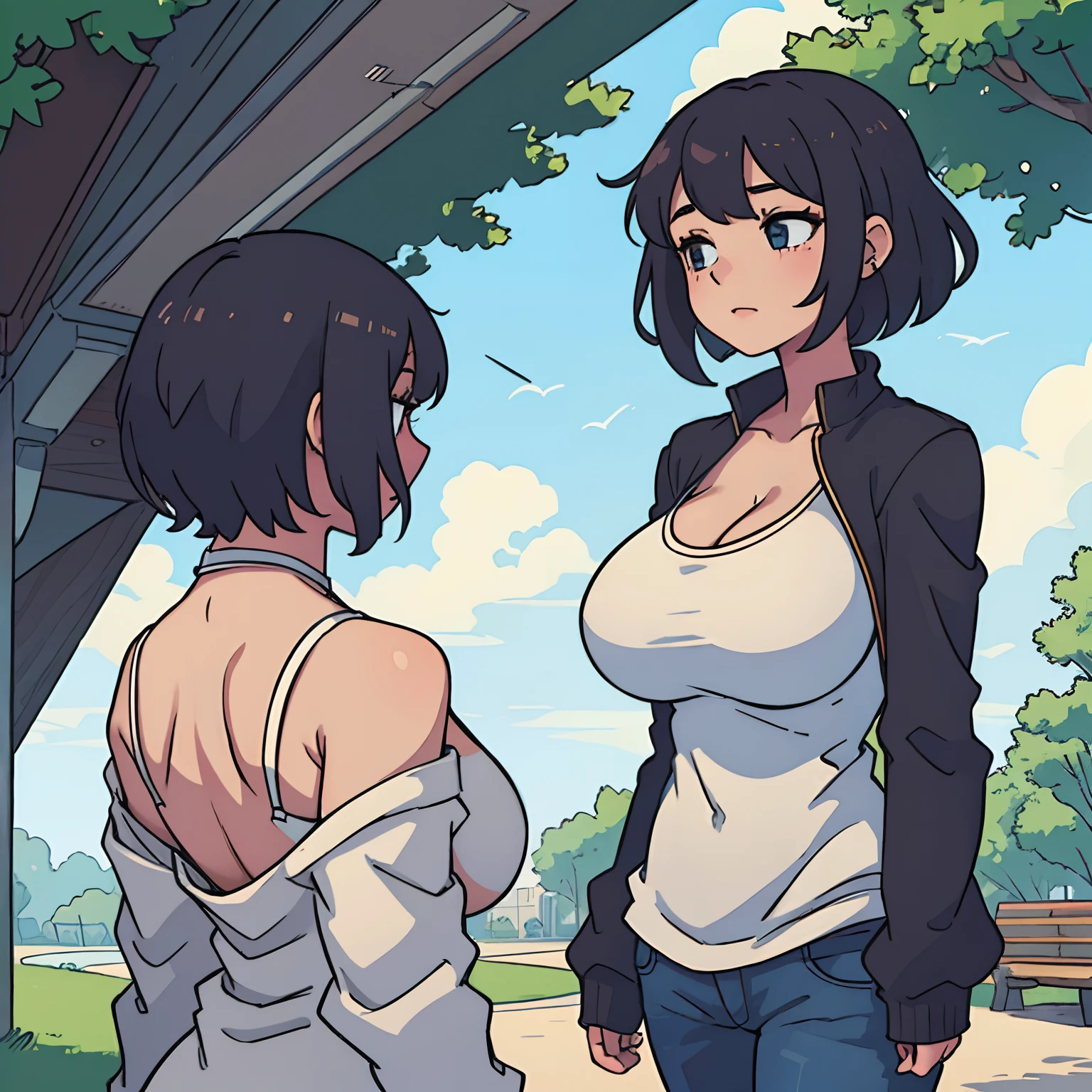 Anime girl with black hair and white top standing next to another girl -  SeaArt AI