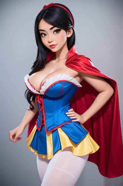 Beautiful Japanese 18 year old woman, wearing snow white cosplay, blue silk corset, red silk cape, yellow silk pleated skater skirt, white leggings, black bob hair, red hairband,  large breasts, , masterpiece, photorealistic, amazing detailed face,