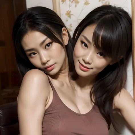 best resolution, half-body shot, 2heads, asian woman kissing woman , different hairstyles,tanktop,indoor background