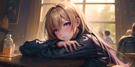 nakiri erina, long hair, blonde hair, sweating, glowing eyes, heavy breathing, breasts, 1girl, solo, looking_at_viewer, sitting, indoors, skirt, night, long_sleeves, ass, medium_breasts, jewelry, thighs, dutch_angle, pantyhose, chair, window, leaning_forwa...