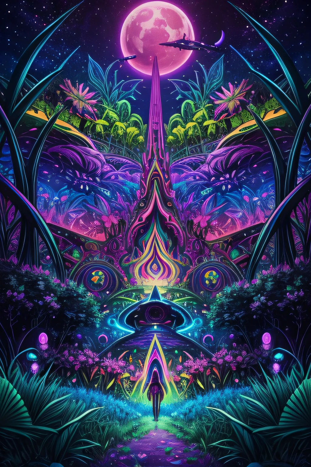 A poster of a psychedelic psychedelic psychedelic psychedelic, extraterrestrial paradise, psychedelic artwork, Arte Trippy, Viagem DMT, psychedelic artwork, psychedelic acid trip, alien forest in background, on a lush fertile alien planet, psychedelic trip, Surreal alien realm, Futuristic psychedelic hippie, while tripping on dmt