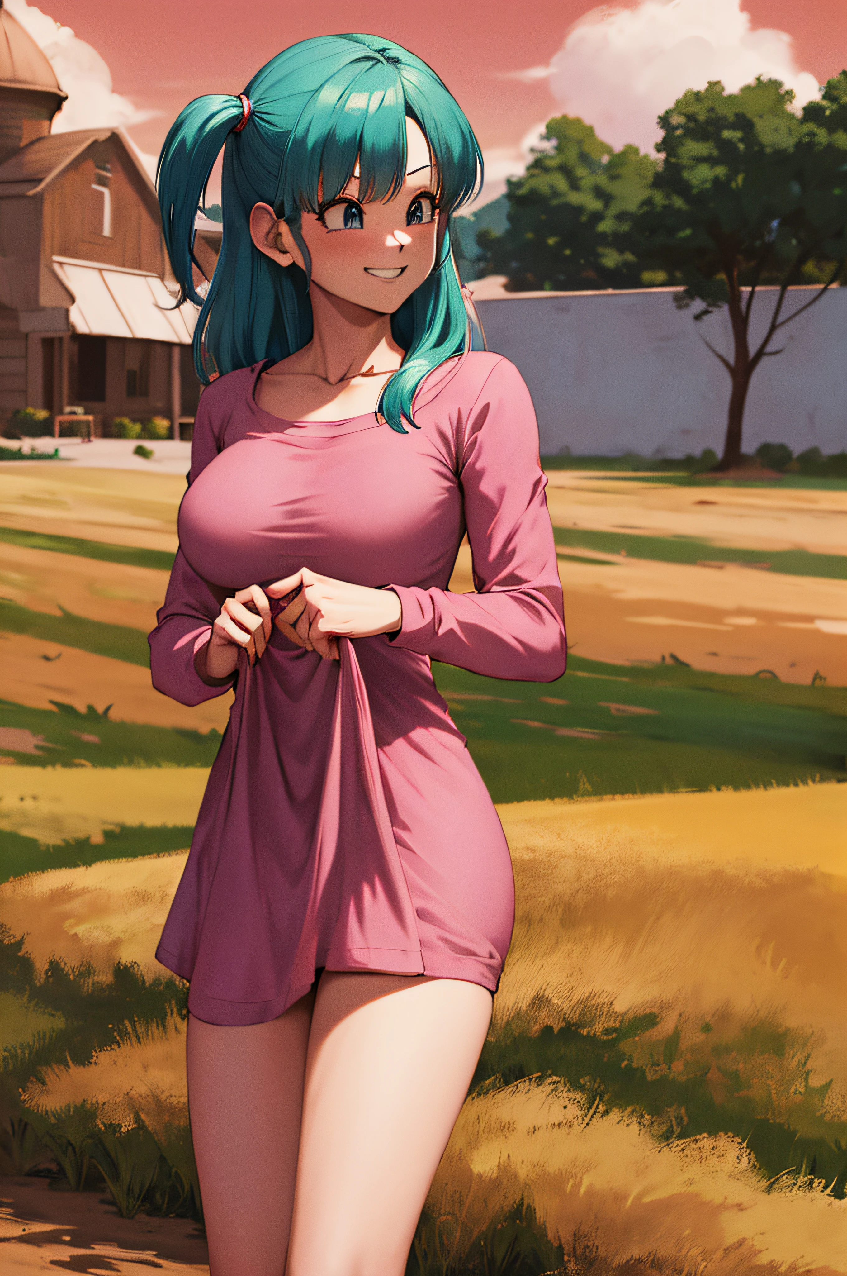 masterpiece, best quality, highres, dragon ball, blmsdup, bulma, aqua hair, one side up, pink dress, long sleeves, collarbone, medium breasts, outdoors, standing, cowboy shot, (dress lift:1.3), evil smile,