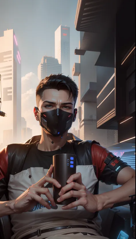Boy with coffee, Change background cyberpunk handsome boy, realistic face, 8k, ultra realistic