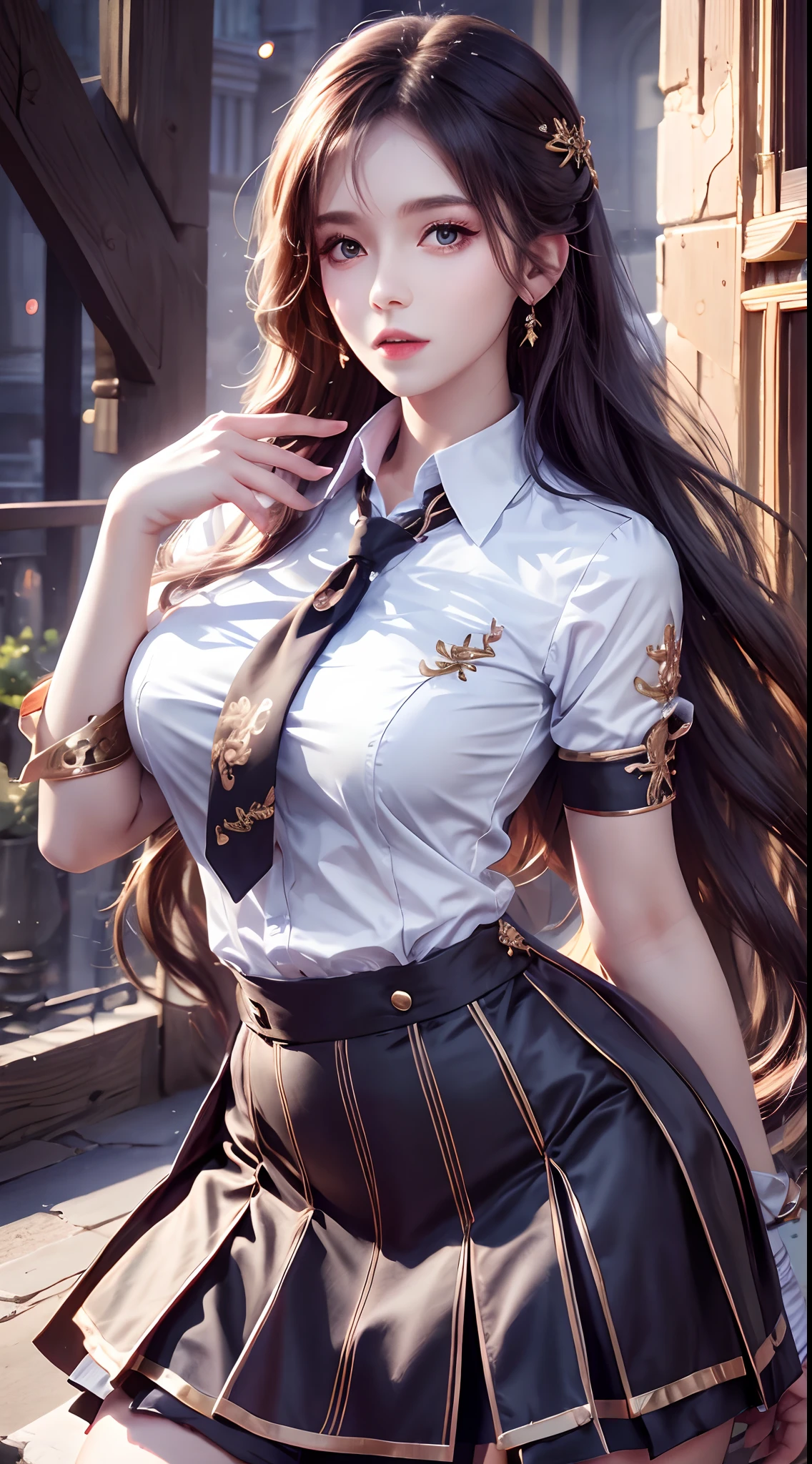 Photorealistic, high resolution, 1womanl, Mature female, Solo, Hips up, jewelry, Wavy hair, Long hair, school uniform, shirt, Skirt，