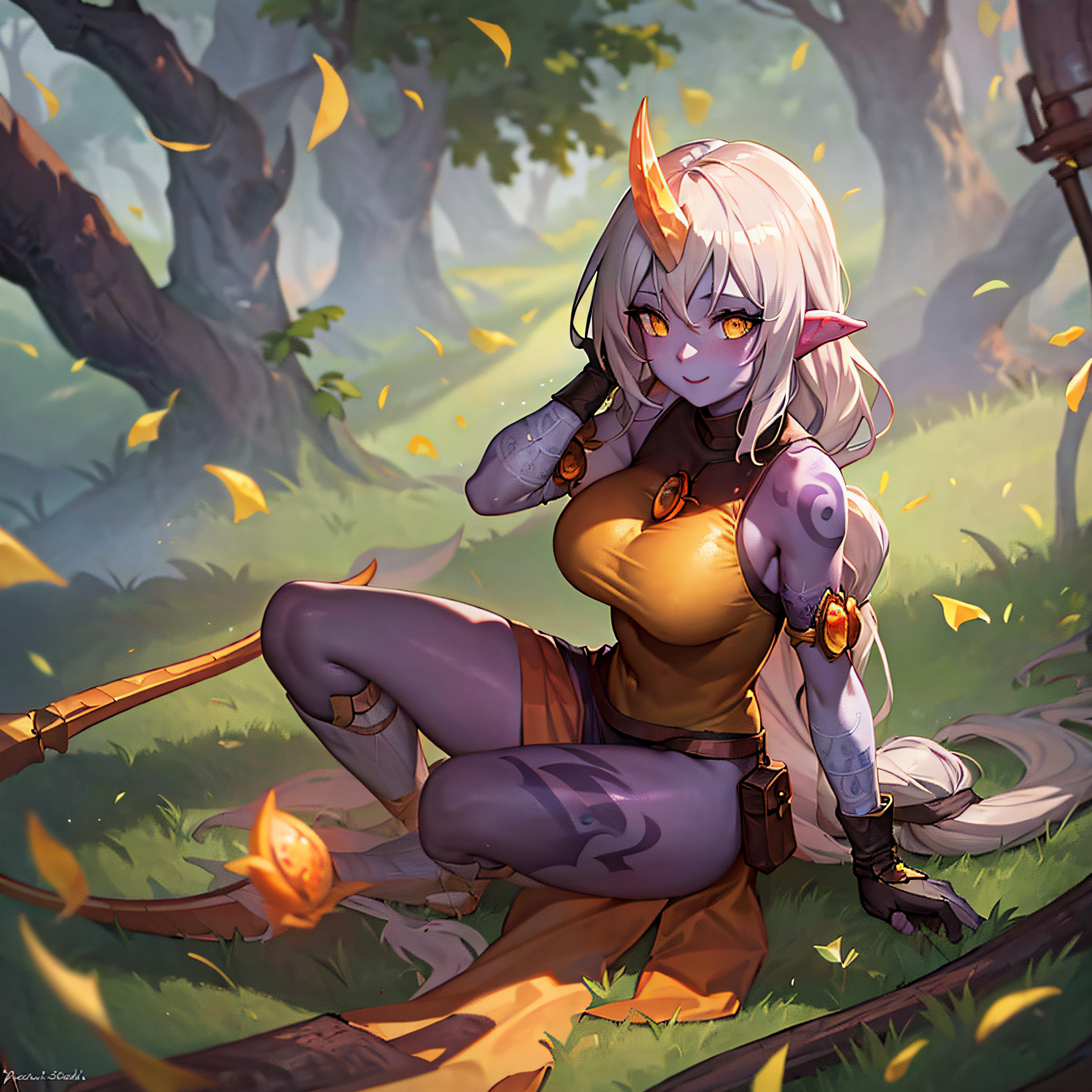 detailed forest background, masterpiece, best quality, Soraka_Classic, upper camera angle, yellow_sclera, body_tattoos, Large_breast