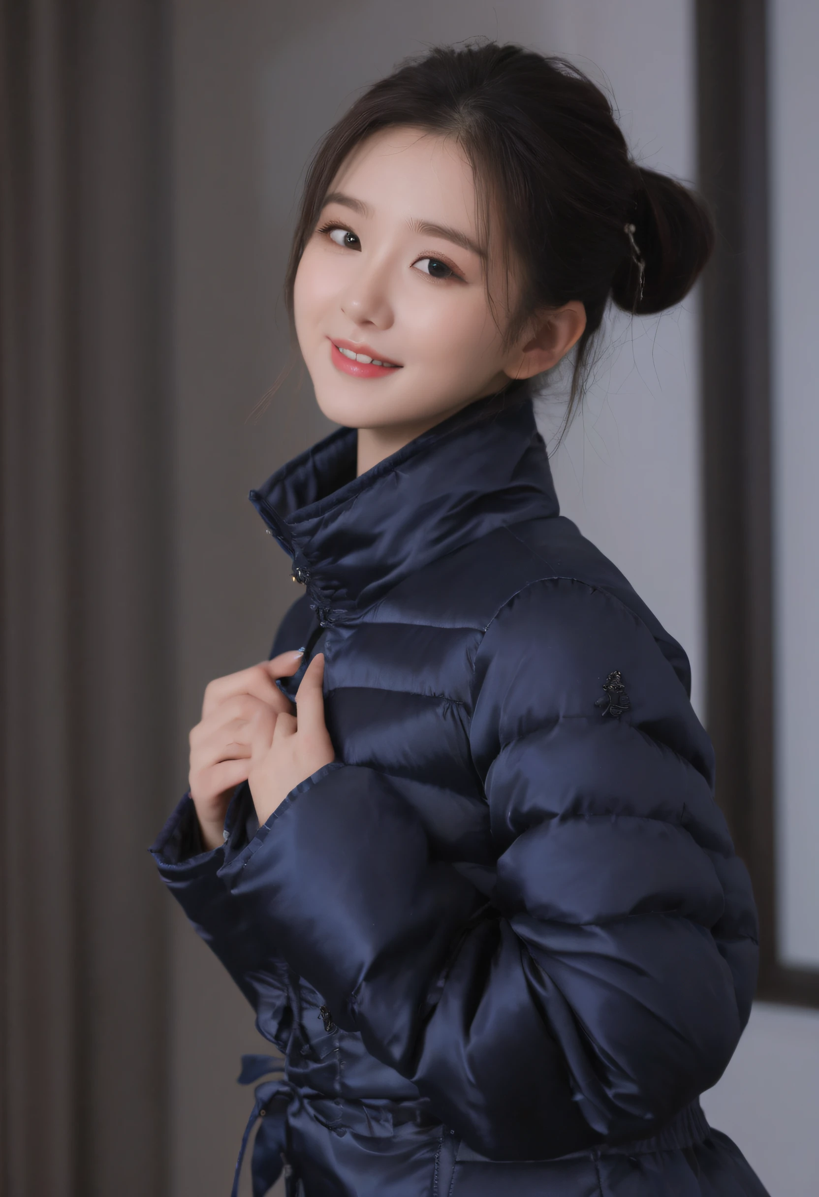 18 year old beautiful Chinese female, wearing navy blue silk