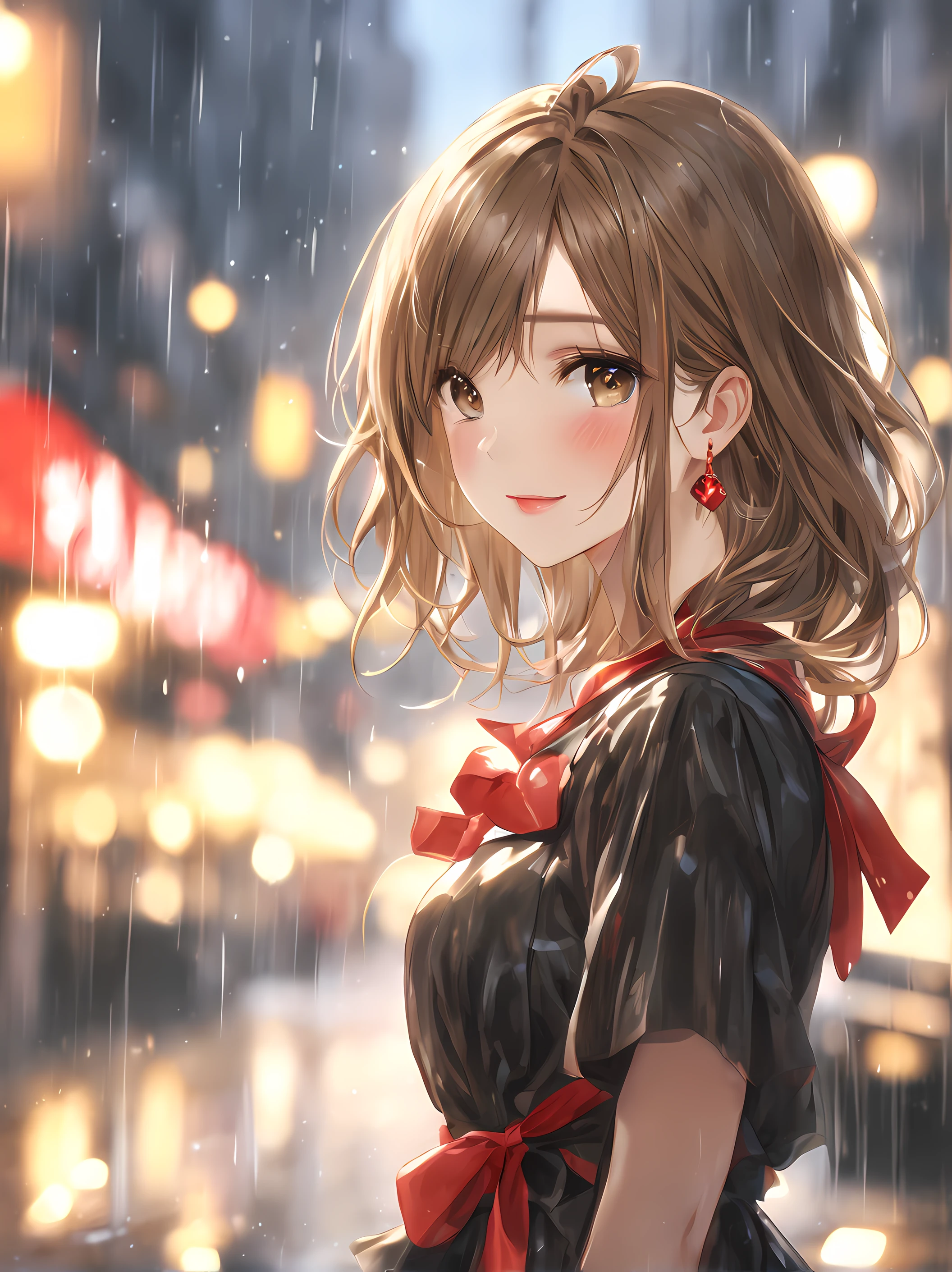 (Best Quality:1.5, Highres, UHD, 8K, Detailed Lighting, Shaders), Brown Hair, Layered hairstyle, Red Cute Ribbon, Black cute dress, (POV), Rainy Street Background, Colorful Eyeshadow, Dramatic Lighting, Sparkling Eyes, Confident Expression, Golden Earrings, Layered hairstyle, Delicate Facial Features, Soft Skin, High Cheekbones, Stylish Clothing, Rainy Street Setting, medium body portrait, Looking at viewers, Sharp Focus, Best lighting effects