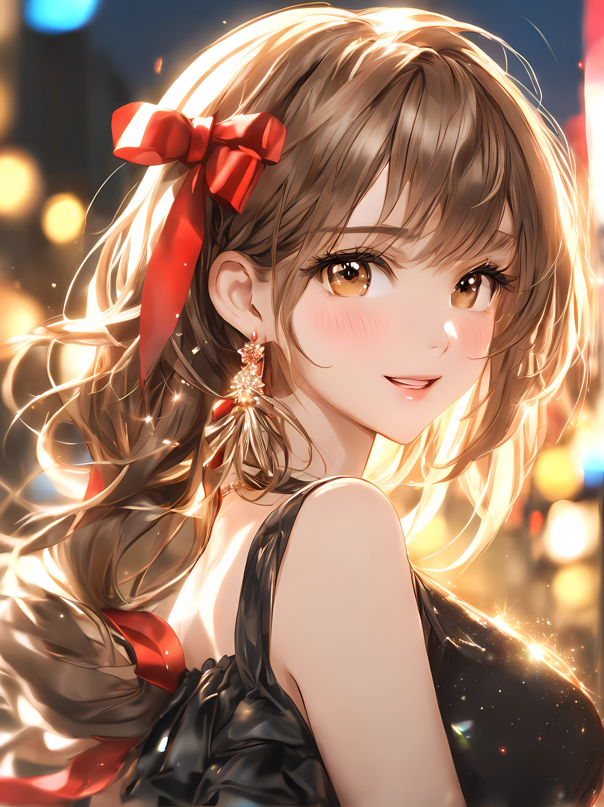 (Best Quality:1.5, Highres, UHD, 8K, Detailed Lighting, Shaders), Brown Hair, Layered hairstyle, Red Cute Ribbon, Black cute dress, (POV), Street Background, Colorful Eyeshadow, Dramatic Lighting, Sparkling Eyes, Confident Expression, Golden Earrings, Layered hairstyle, Delicate Facial Features, Soft Skin, High Cheekbones, Stylish Clothing, Street Setting, medium face portrait, Looking at viewers, Sharp Focus, Best lighting effects