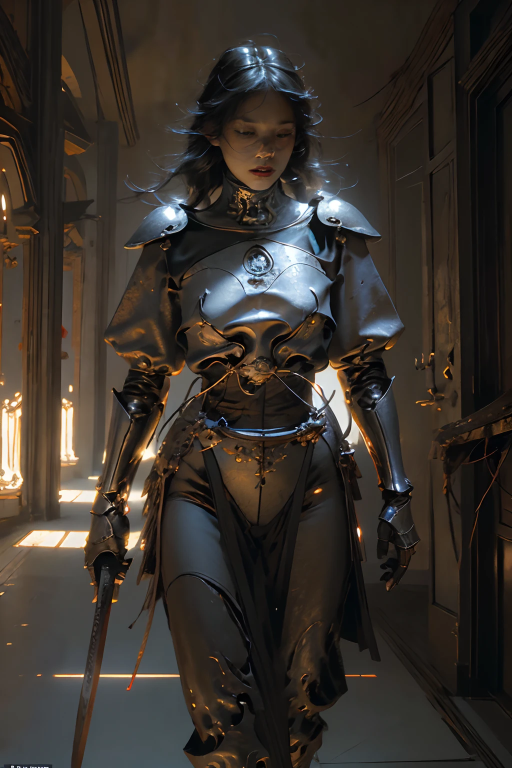 A woman in armor walking down a hallway with a sword - SeaArt AI