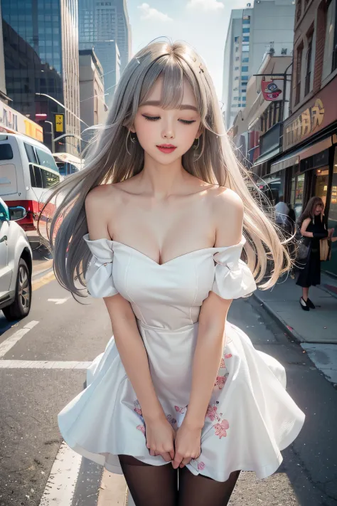 ((little girl standing on the sidewalk of an office district in new york)）, silver hair, bangs, blunt bangs, long straight hair,...