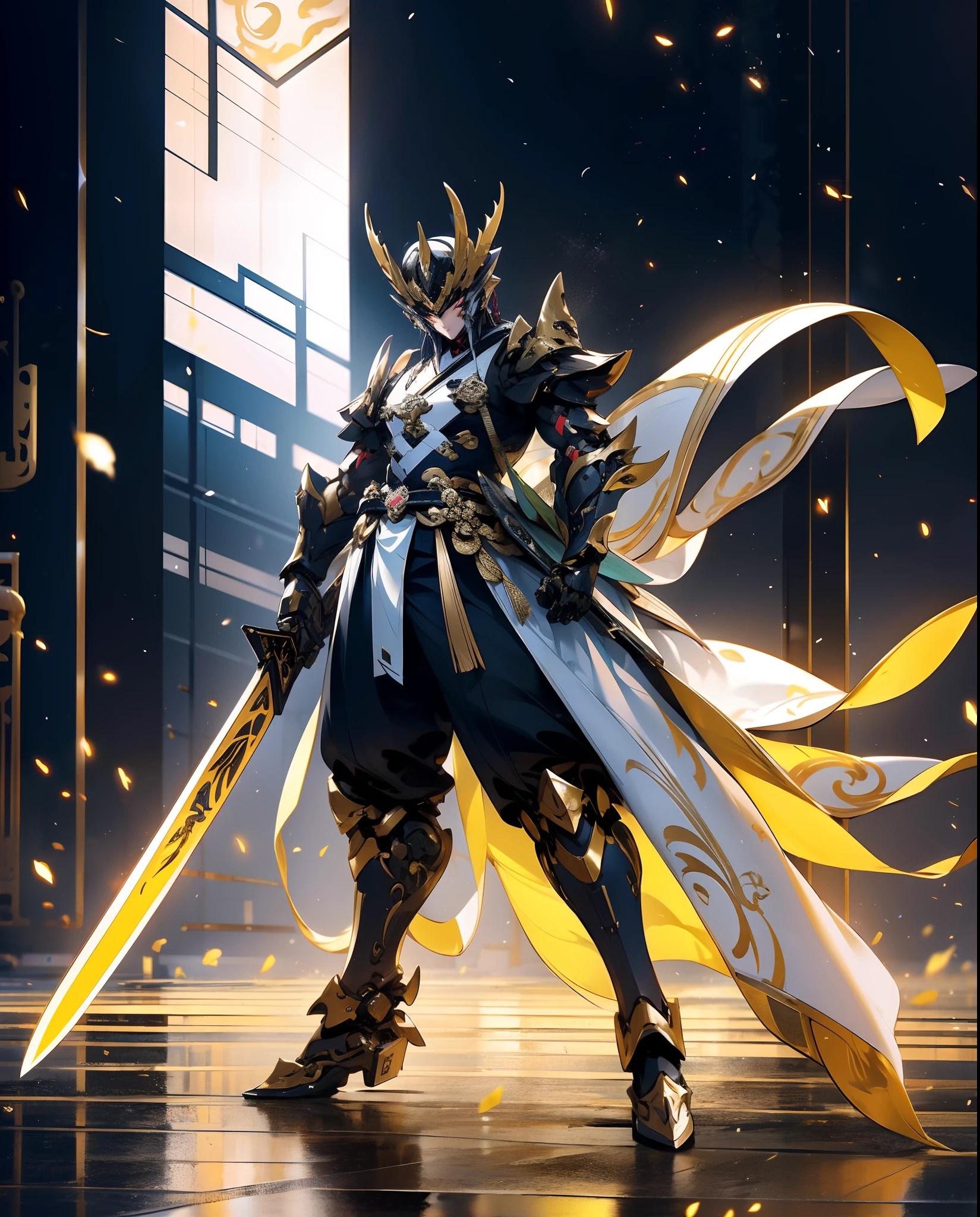 super wide shot, Full body frontal photo,Mecha male warrior， Jade Emperor style,《The mech colors are gold and silver-white》，（《Holding the Xuanyuan sword》，The sword is full of futuristic technology，），（Full body mecha）, Keqing from Genshin Impact, (Masterpiece) ， The best quality， High quality，Gold armor，电影灯光， （Exquisite future）， Beautiful and beautiful， Ultra detailed， great composition， Floating， Depth of field， （Very detailed CG，Unity 8k壁纸）， （Beautiful detail background）， dramatic lights， GOGETTA， Mecha，best qualtiy，超高分辨率，