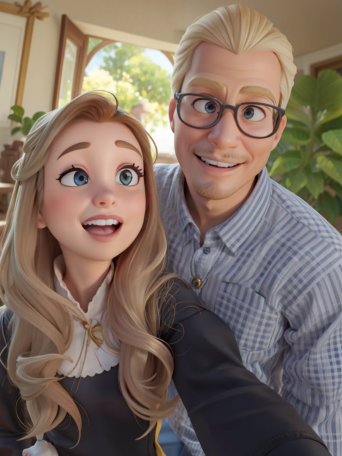 casal no estilo disney pixar, alta qualidade, melhor qualidade. Cabelos loiros, sorriso, roupas de conto de fadas, olhos claros olhando para a foto, fundo de castelo desfocado