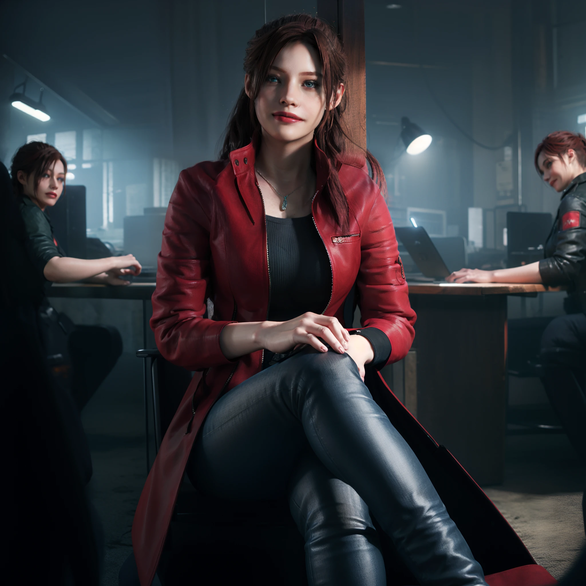 Best quality, ((Claire redfield from resident evil)), woman 40 years old, long red hair, black jeans, beautiful face, red long coat,little smile expression