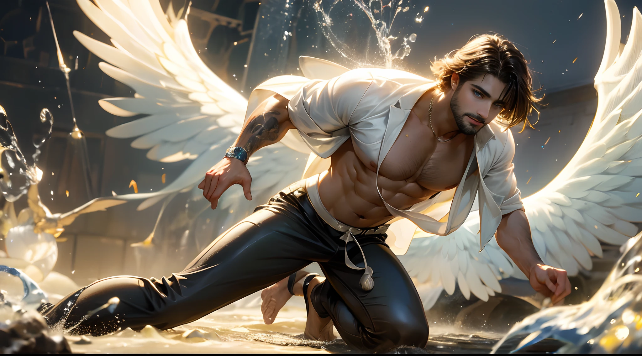 1 man, alone, young handsome man, Latin mulatto skin, attractive features, tan tone skin, dark blue eyes, friendly expression, huge white wings coming out of his back, wings of one angel, physical fitness, man's long haircut medium, black brown hairstyle, small beard, casual clothing, winter outfit, anatomically correct body, full body tattoos. emotion: greet, environment: extreme winter storm