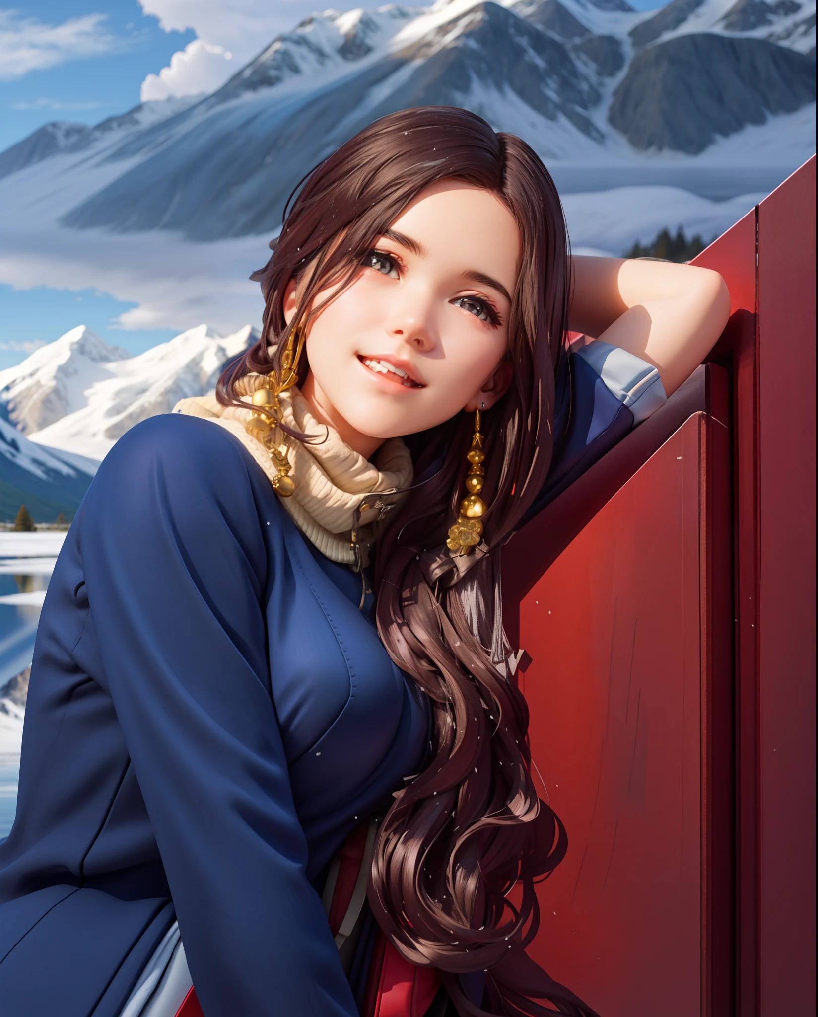 a woman with long hair wearing a hat and a backpack near a lake and mountains with snow on the tops