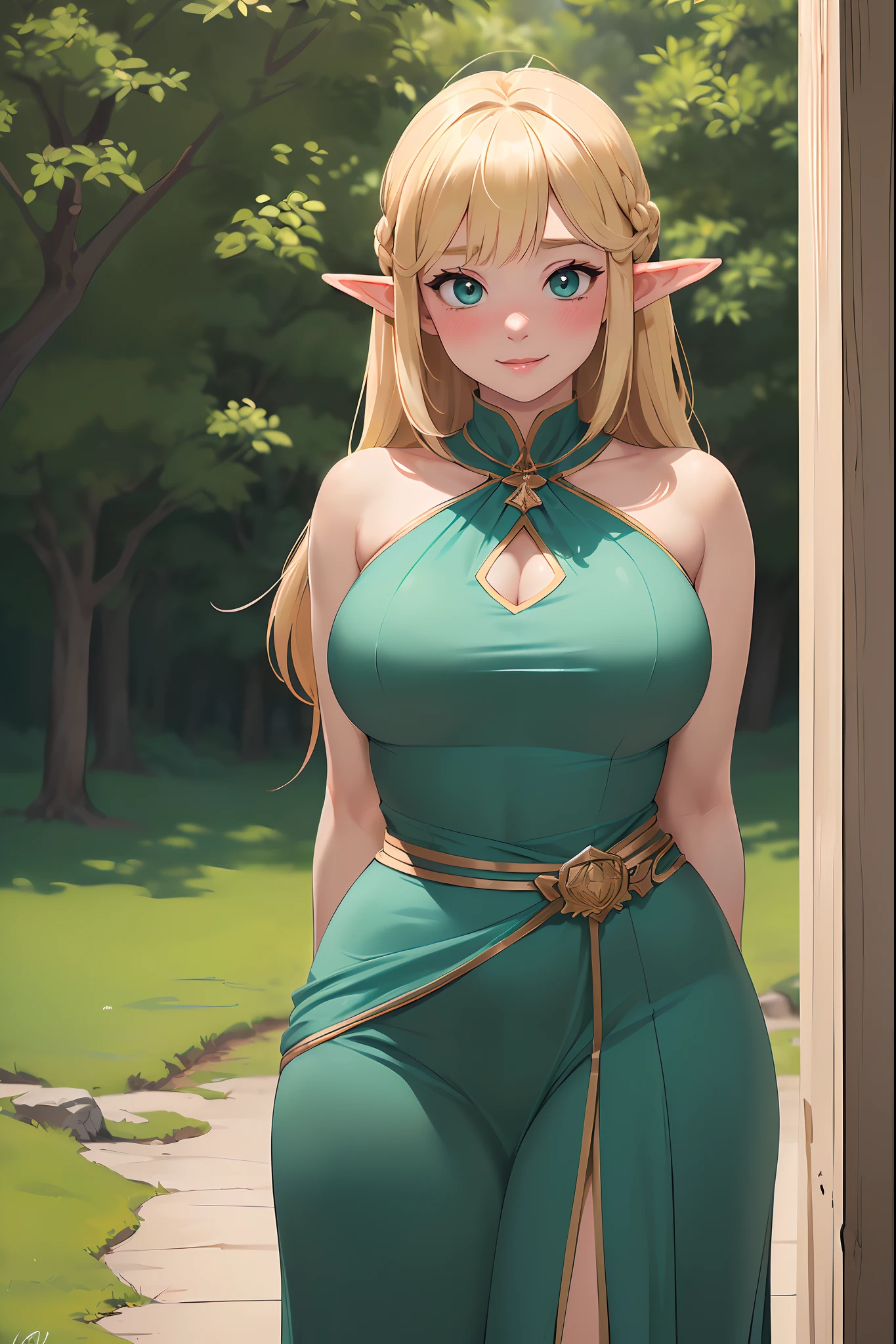 (Best quality,Unbeatable masterpiece:1.4),Ultra-detailed CG 4K,(Ultra-Detailed Clear Absurdly-Vivid Mint Big Eyes:1.2),Gorgeous Round Detailed Face(voluptuous:1.4)elf(Voluminous Long Blonde Hair: 1.4),Adult(bangs, side locks:1.2)Seductive(Intricately beautiful dresses:1.3)(Zelda)(celestine lucullus: 1.2)(Solo:1.4)(1girll: 0.5)(facingviewer:1.2)(arms back behind:1.2)(Cowboy shot:1.2)(From above:1.1),skin indentation(Curvaceous:1.4)(Curvy:1.4)(Bimbo: 1.4)(normal waist: 1.2)(Thick lips: 1.3)small-nose(Light smile: 1.2)Rocks,Green trees, A plant,Bush, (Shy blush:1.4) Dynamic pose