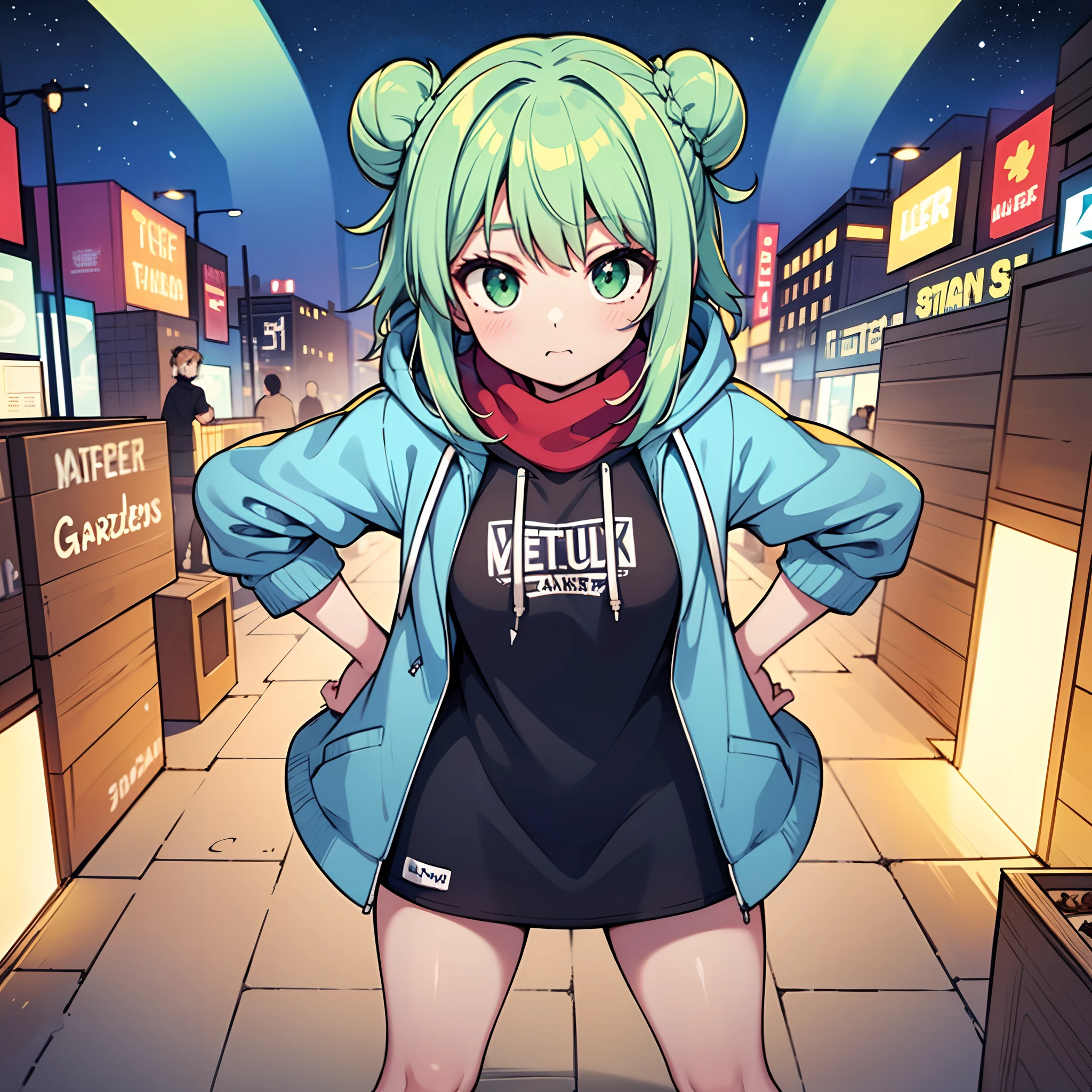 1girl, solo, teen, vtuber girl, green hair, long hair, hair buns, straight hair, green eyes, star shaped eyes, leggings, ((hoodie, oversized hoodie)), white hoodie, blue scarf, metropolis, city background, people around, standing, looking at viewer, hands on hips, masterpiece, illustration, 4k