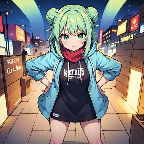 1girl, solo, teen, vtuber girl, green hair, long hair, hair buns, straight hair, green eyes, star shaped eyes, leggings, ((hoodi...