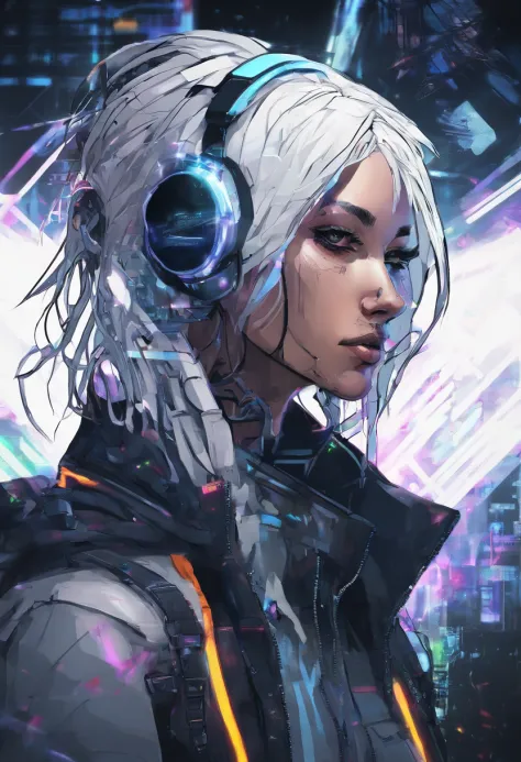 1 male, white hair, male with female features , netrunner