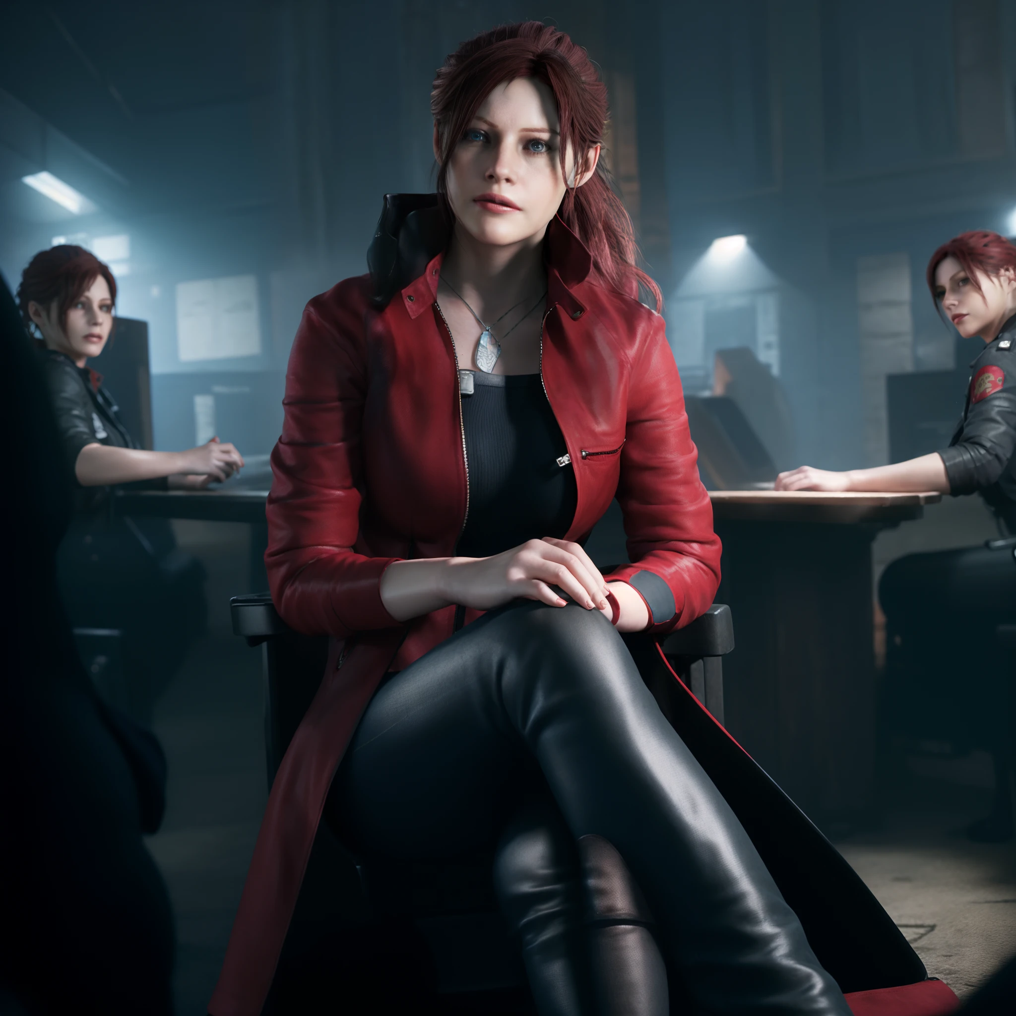 Meilleure qualité, ((Claire Redfield de Resident Evil)), Femme 40 ans, longs cheveux roux, Jean noir, vernis à ongles rouge, Beau visage, manteau long rouge,petite expression de sourire