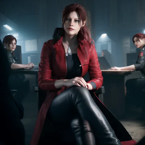 Best quality, ((Claire redfield from resident evil)), woman 40 years old, long red hair, black jeans, red nail polish, beautiful...