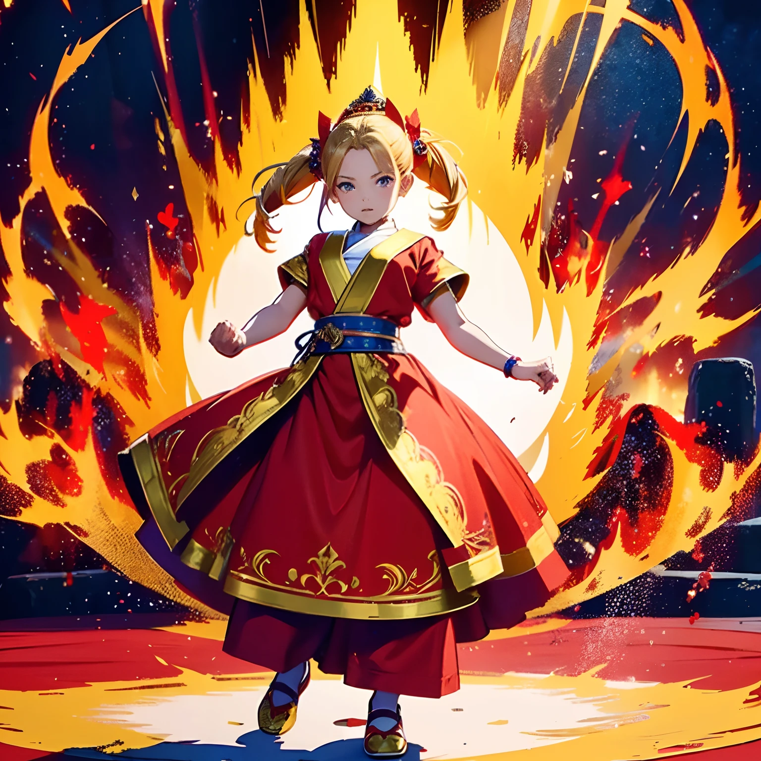 (best quality,ultra-detailed,realistic),red and gold,castle,7-year-old girl with beautiful detailed red color eyes and lips, flowing yellow blond hair, flat chest, no breasts, wearing a red and gold monk gi, charging ki. The scene is set in a castle with a fancy carpet, adorned with vibrant colors. The artwork is photo-realistic with vivid colors, capturing the energy and vibrancy of the girl's charging ki, wearing cloth shoes, hands are closed fists, glowing silver aura,