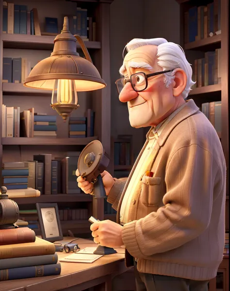 A wise old man standing in front, illuminated by the light of a lamp, against the backdrop of a library with a camera and screen