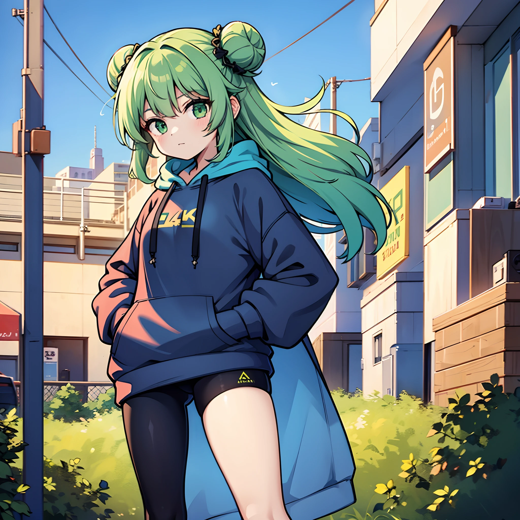 1girl, solo, teen, vtuber girl, green hair, (long hair, hair buns, straight hair), green eyes, leggings, ((hoodie, oversized hoodie)), white hoodie, blue scarf, metropolis, city background, scenery, beautiful colorful, close-up, people around, standing, straight posture, looking at viewer, hands on hips, masterpiece, illustration, 4k