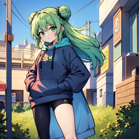 1girl, solo, teen, vtuber girl, green hair, (long hair, hair buns, straight hair), green eyes, leggings, ((hoodie, oversized hoo...