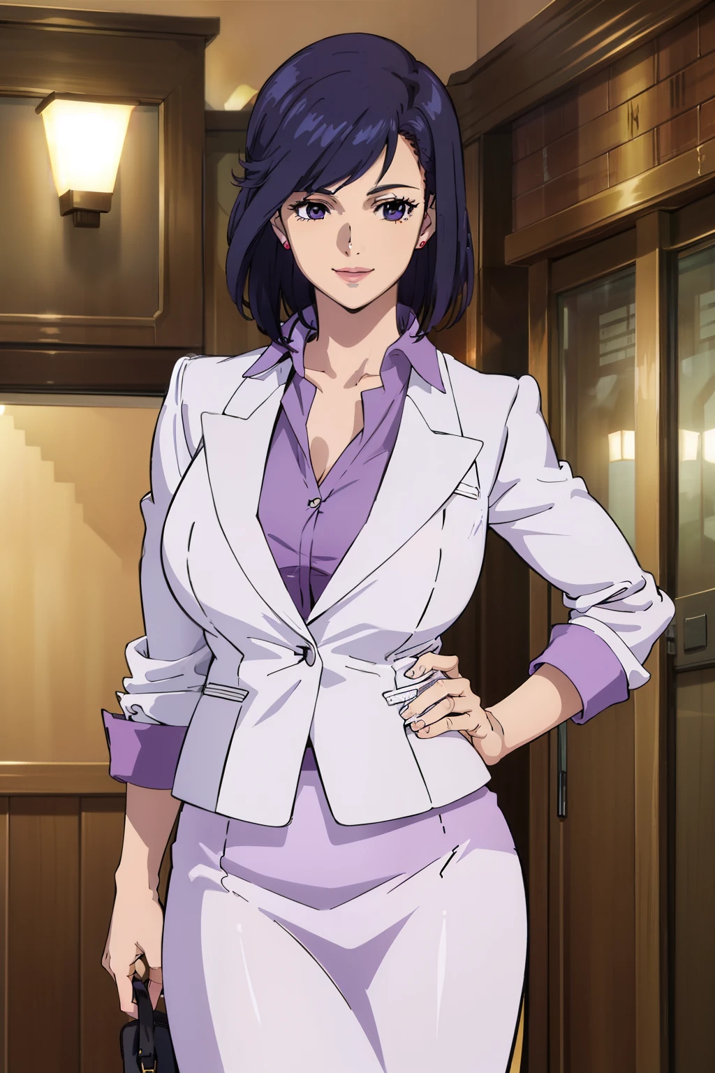 anime style, best quality, high resolution, 1girl, solo, (huge breasts), smile, saeko, white jacket, purple shirt, pencil skirt