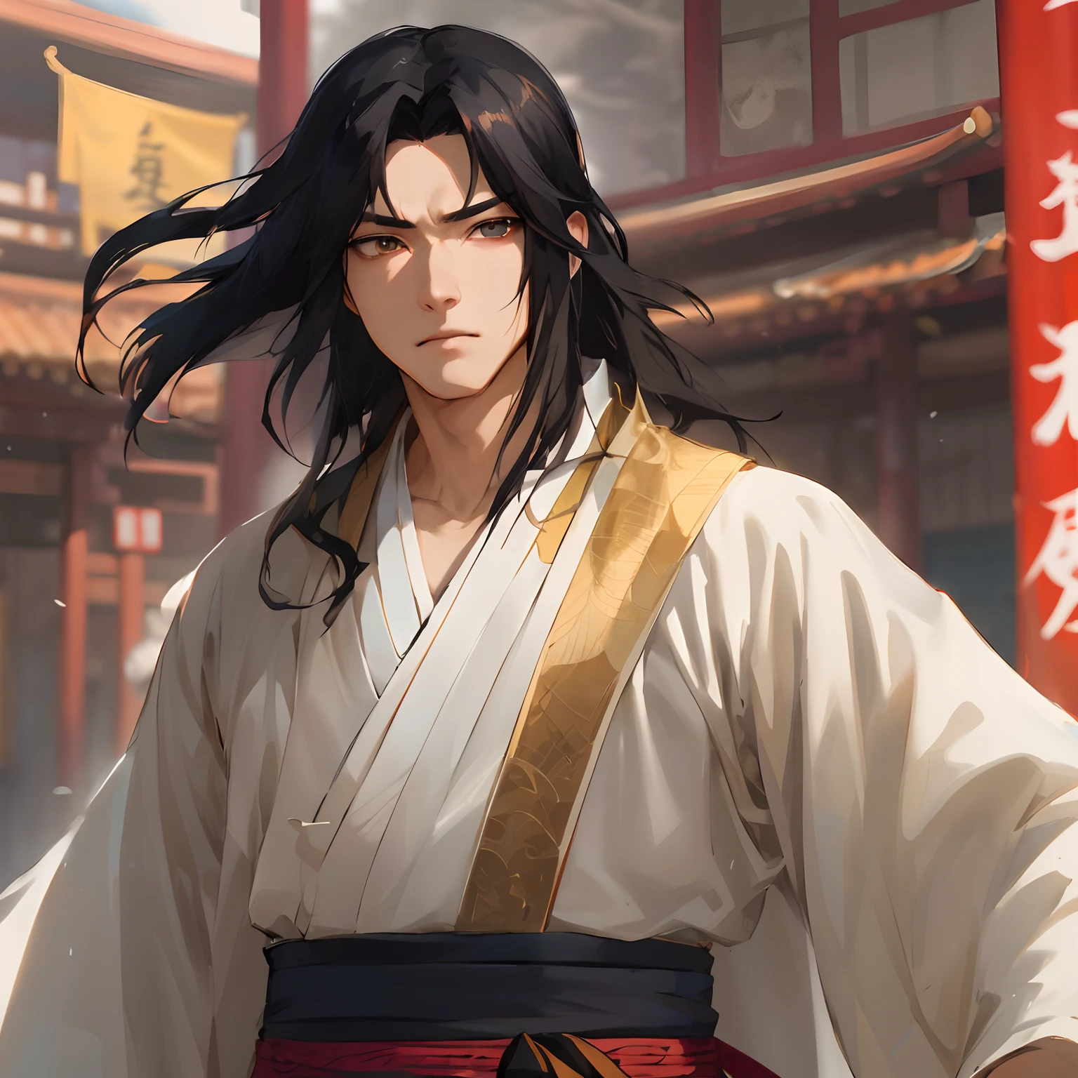 Anime character with long black hair and white cloak standing in front of a building, cara bonito na arte demon slayer, Heise Jinyao, por Yang J, Zhongli, Genshin Impact, wuxia de corpo inteiro, Zhao Yun, inspirado em Guan Daosheng, inspirado por Yang Jin, Keqing de Genshin Impact