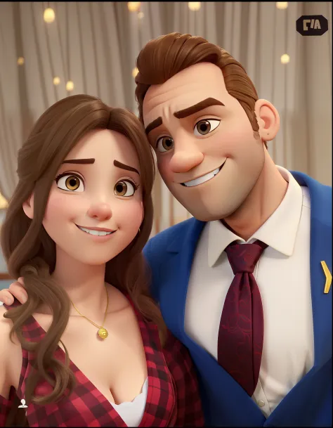 Casal (homem castanho claro e mulher branca) no estilo Disney Pixar, alta qualidade, melhor qualidade.