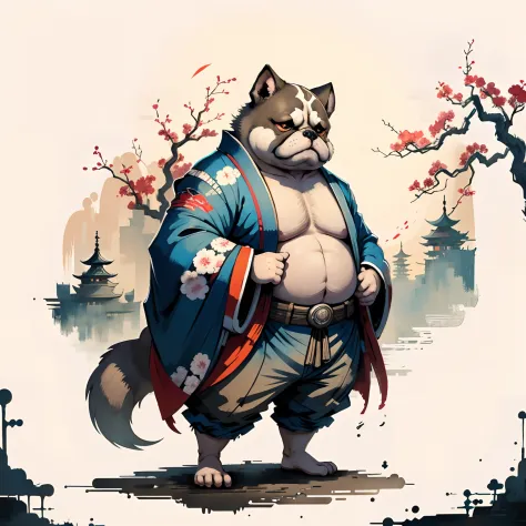 C4tt4stic，Fat Bulldog, Wear a kimono like a wealthy merchant， ukiyoe painting, etchings