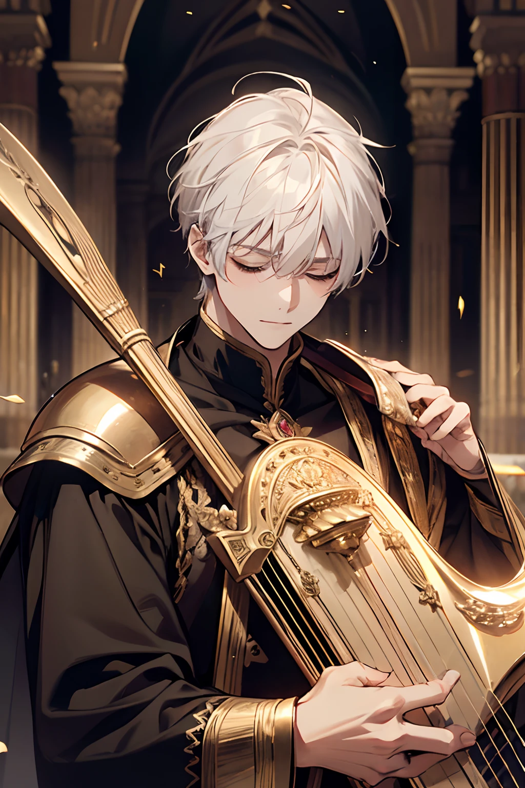 1male, holding large golden musical harp instrument against shoulder, two hands, calm, age 35 face, short messy with bangs, white hair, closed eyes, wearing black clothes, royalty, in a castle, medieval times, close up