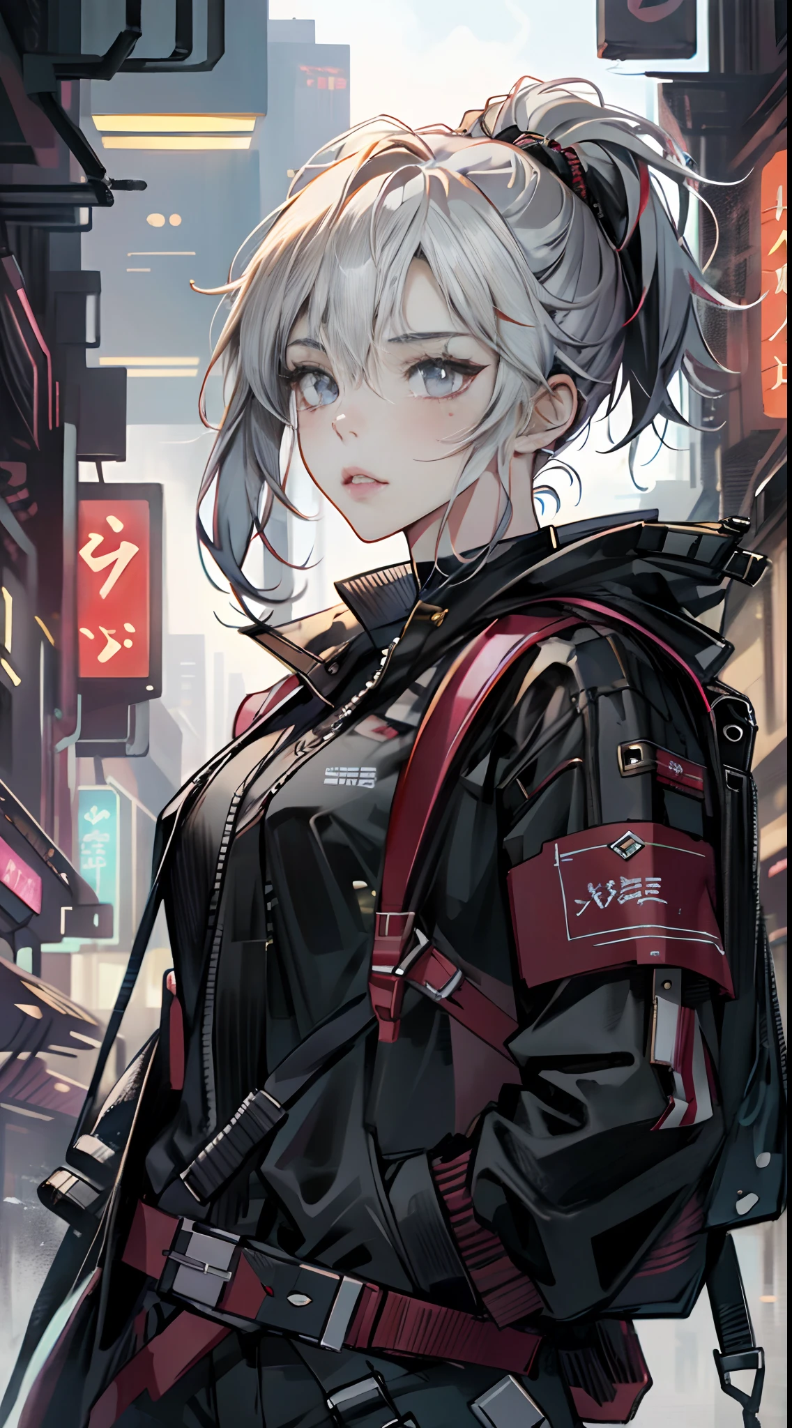 Anime-Stil Bild einer Frau mit einem Schwert und einem Rucksack, guweiz, knallharter Anime 8k, japanische Techwear tragen, artwork in the style of guweiz, Anime-Stil 4 k, E-Mädchen, e - Mädchen, cyberpunk streetwear, von Arknights, Anime-Stil. 8k, digital cyberpunk Anime-Kunst, kurze weiße Haare, asymmetrischer Pony, unglaublich detailliertes Gesicht und Augen, Perfekte Lippen, dramatisch, Filmische Beleuchtung, schöner Ausdruck, Feines Detail, cyberpunk art, Illustration, Meisterwerk, Zeichnung, Anime-Kunst, im Stil von Yusuke Murata.