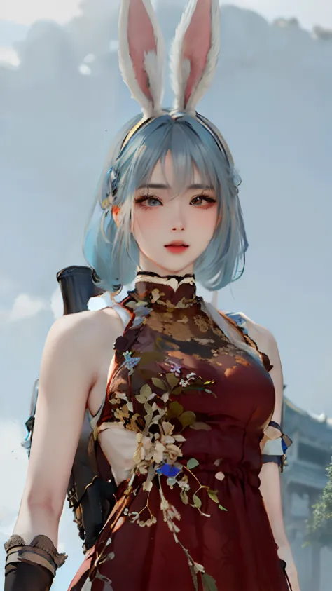 there is a woman with blue hair and bunny ears holding a gun, close up character, female character, character close up, inspired...