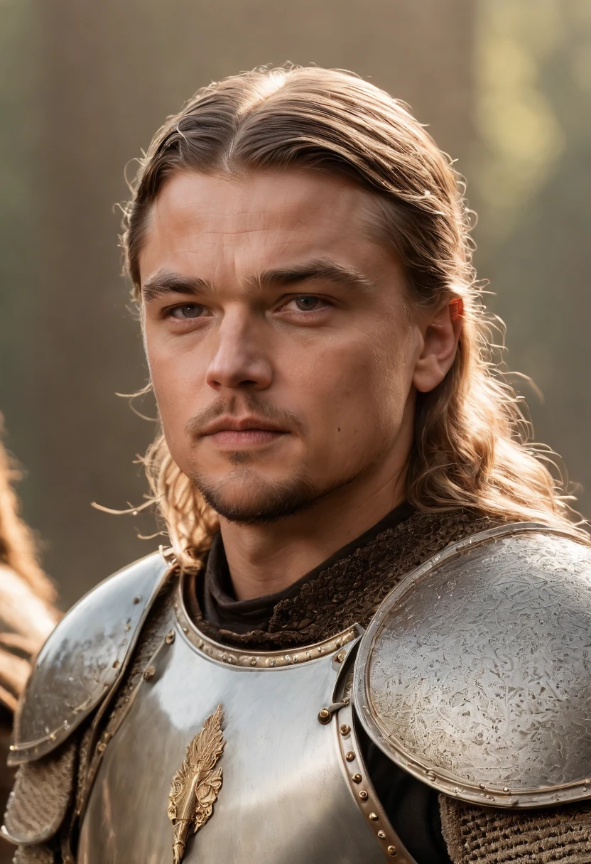 Young Leonardo DiCaprio, 17 years, With natural withe hair, knight, armor Withe and golden, Targaryen, medieval, ultra realistic