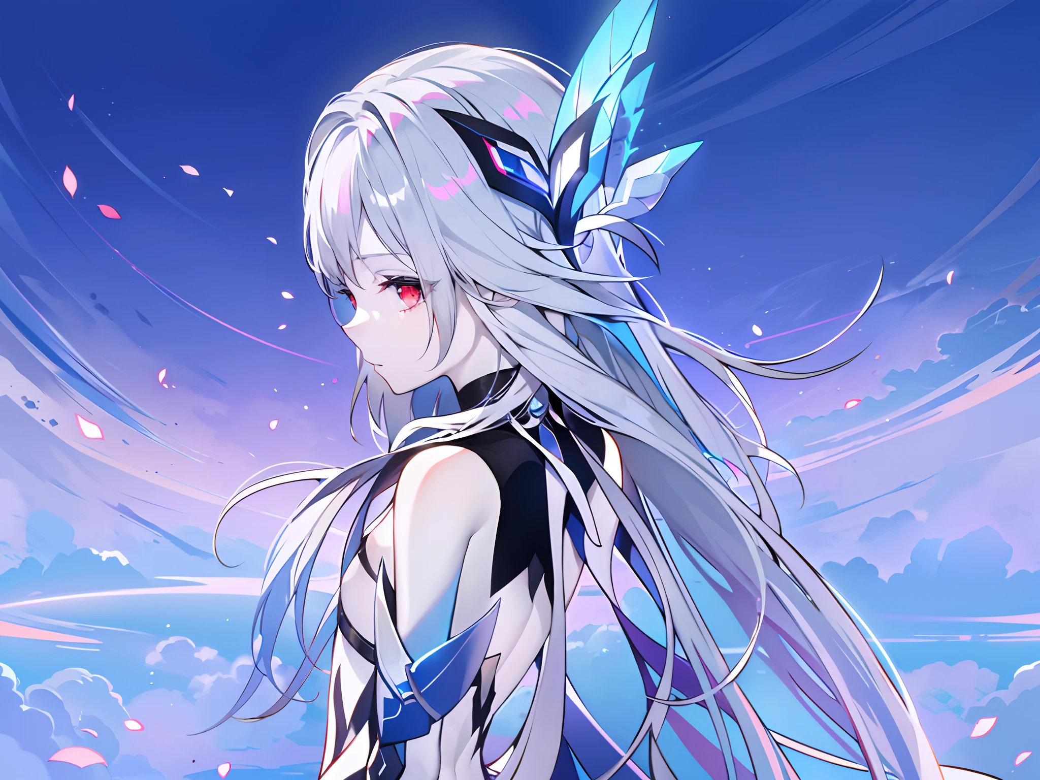 (masterpiece:1.2), (pale skin:1.2), (solo:1.2), (female:1.1), (emphasis lines:1.3), silver hair, red eyes, hair ribbon, long hair, bare shoulders, sky