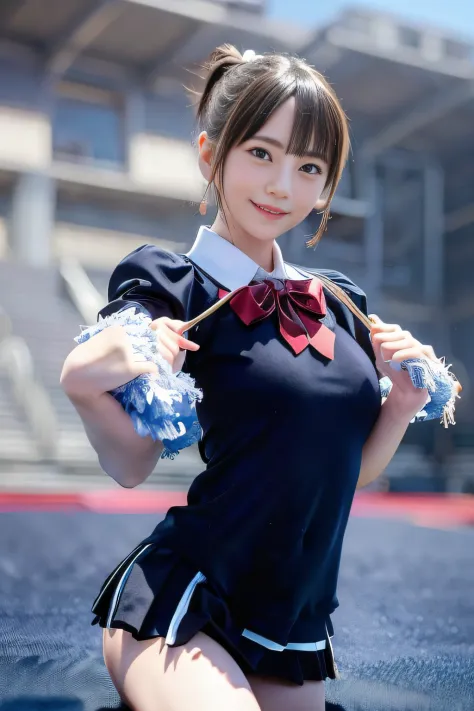 Two Ala-Fed Asian cheerleaders posing dynamically with pom-poms in stadium、write、a closeup、cosplay foto、Anime Cosplay、Short-cut hair、cute little、Raw photography, top-quality, hight resolution, (​masterpiece), (Photorealsitic:1.4), professional photograpy, ...
