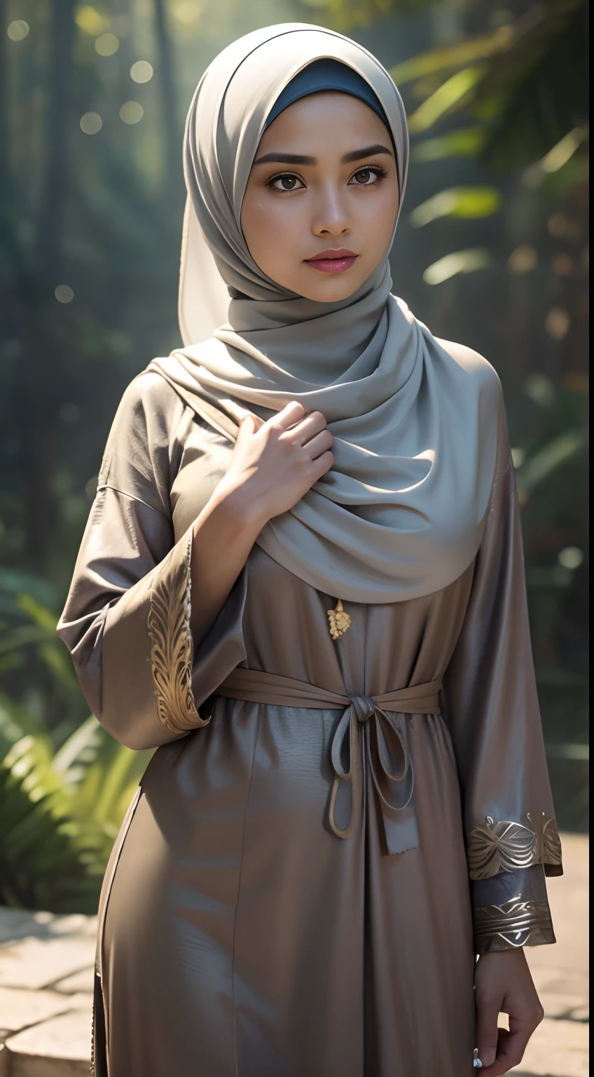 RAW, Best quality, high resolution, masterpiece: 1.3), beautiful Malay woman in hijab (iu:0.8),Best quality, high resolution, Masterpiece: 1.3, Beautiful  hijabi malay girl, Masterpiece, Soft smile,Beautiful Malay women wear small flower baju kurung,pastel color hijab , Quality 3, intricate details, Full body view, Malay woman in hijap,  white, Eyes glazed, (((hijap soaking wet and dripping with water))), thin, Super fitting clothes: white Nano tube top and Nano Lycras, Forest background under continuous heavy rain that soaks them, showing her beautiful body 92 59 90, flirty face, invisible base, film grain, Fuji color, Contrast of light and shadow, textured skin, (4 *intricate details), Dynamic pose, realism, sunlight, high contrast, HDR (High Dynamic Range), Ray tracing, NVIDIA RTX, super resolution, Unreal 5, Subsurface dispersion, PBR textures, Post-processing, anisotropic filtering, depth of field, Clarity and Maximum sharpness, Multi-layer textures, Albedo and specular maps, Surface shading, Precise light-material interaction simulation, Perfect proportions, High octane rendering, Bicolor lighting, wide aperture, low ISO, 50mm camera CANON eos professional lens