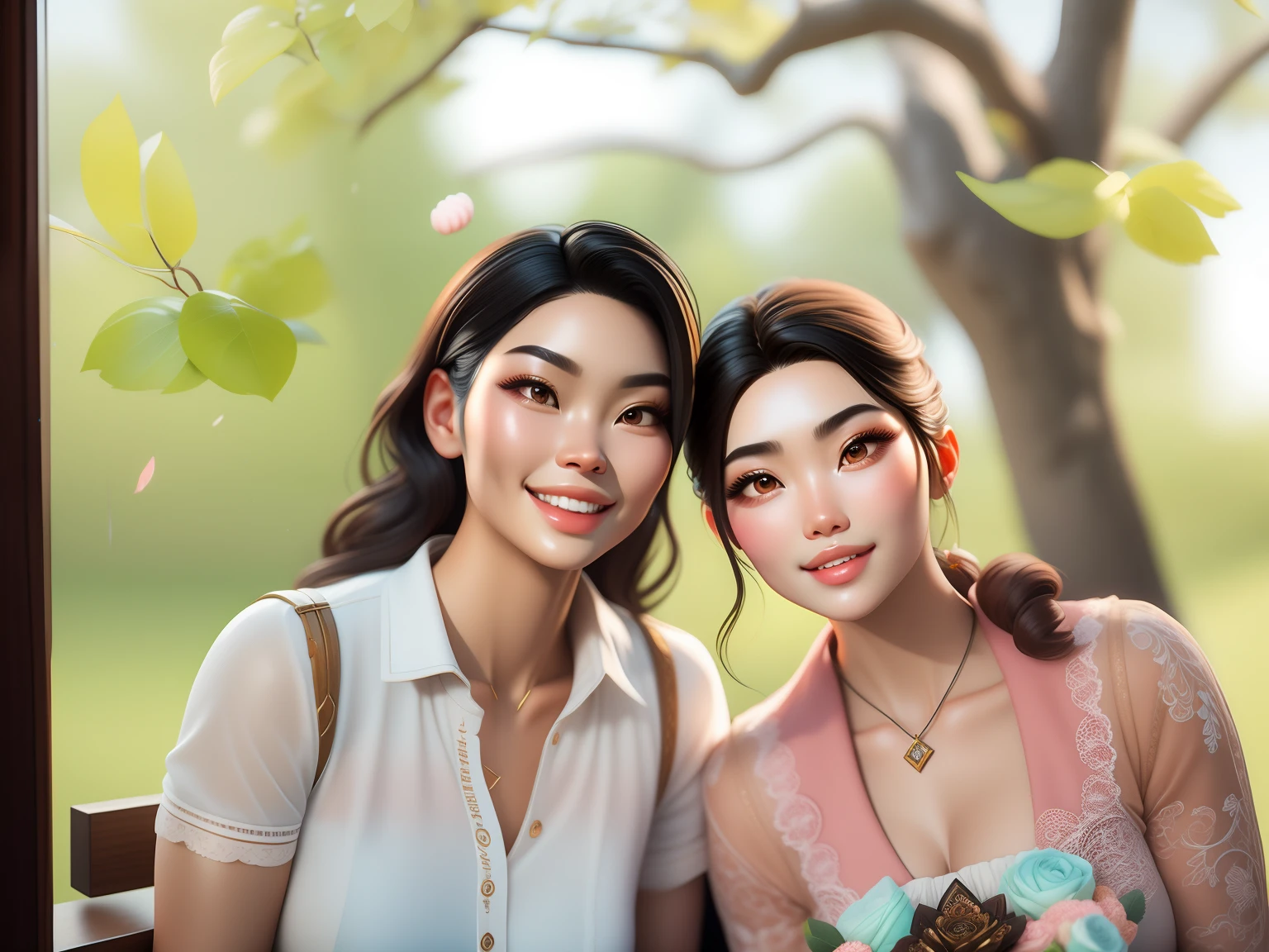 chef-d&#39;œuvre, Meilleure qualité, Travail de rendu 3D, Style 3DMM, Fermer, portrait, 3D, deux jeunes femmes asiatiques, belle peau, yeux marrons, cheveux noirs moyennement ondulés, doux sourire, 80 kg en surpoids, Fond dégradé. Couleurs Couleur bonbon, Mignon