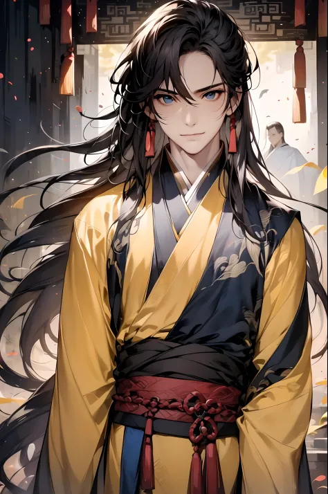 1boys, 独奏,Chinese clothes，Hanfu，tmasterpiece, best qualityer, 8K, cinematric light, 超高分辨率, chinese paintings, florals, hair adornments, white backgrounid, brunette color hair, Chinese art, Hanfu, long whitr hair, obi strip, The upper part of the body,Hanfu