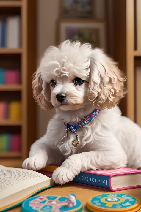 color photo of a tiny white toy poodle with fine lines, surrounded by a whimsical background of children's toys and books. The tiny white poodle is depicted with intricate details, showcasing its adorable features and playful nature. Its fur is rendered wi...
