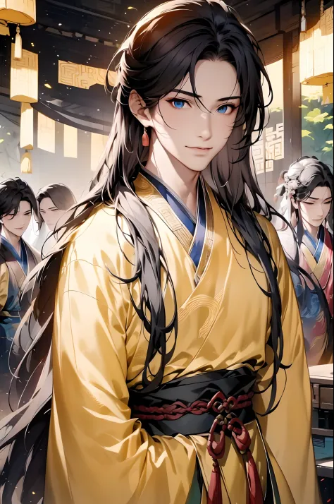 1boys, 独奏,Chinese clothes，Hanfu，tmasterpiece, best qualityer, 8K, cinematric light, 超高分辨率, chinese paintings, florals,white backgrounid, brunette color hair, Chinese art, Hanfu, long whitr hair,