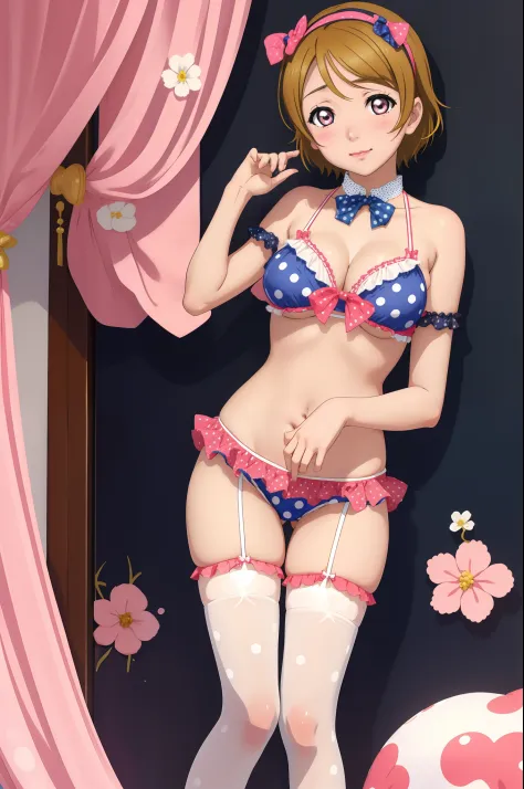 Koizumi hanayo, polka dot bikini, big breasts, standing,solo,hentai clothes, thighhighs, elbow band in desco