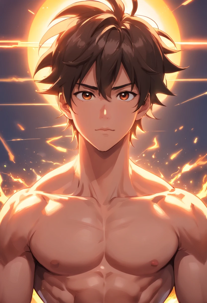 A man with a muscular torso and no shirt standing in front of a sun -  SeaArt AI