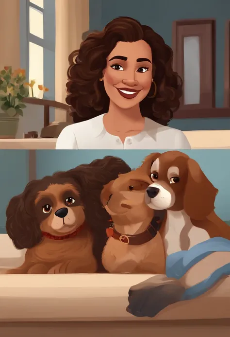 A woman in glasses and a blue shirt holding two dogs - SeaArt AI